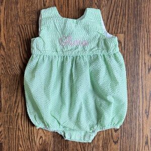 Green Seersucker Bubble Romper with Pink Embroidery Name “Olivia”